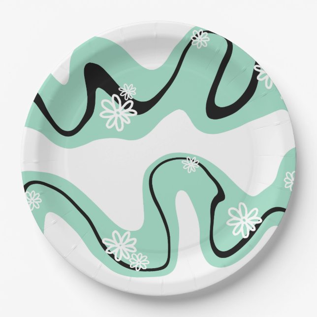 Daisy Groove in Mint Green, Black and White Paper Plates (Front)