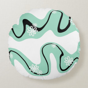 Daisy Groove in Mint Green, Black and White Round Pillow