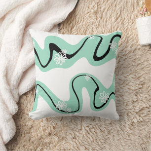 Daisy Groove in Mint Green, Black and White Throw Pillow
