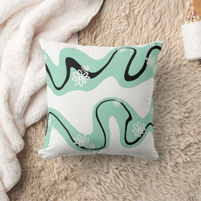Daisy Groove in Mint Green, Black and White Throw Pillow (Blanket)
