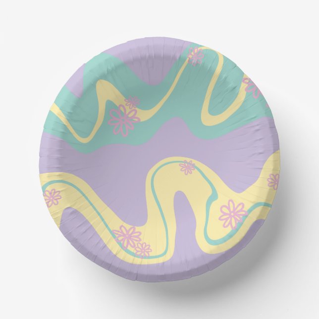 Daisy Groove Pastel Pink, Yellow, Purple & Green Paper Bowls (Front)