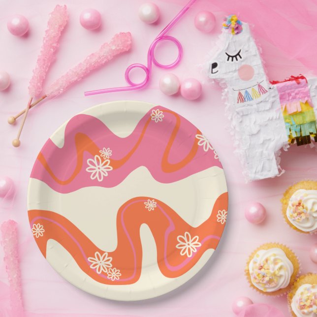 Daisy Groove - Pink, Orange and Cream Paper Plates (Party)