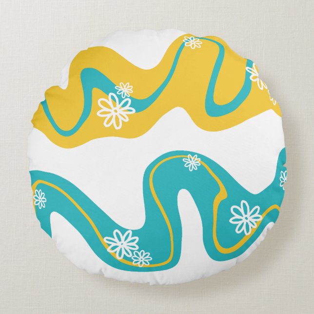 Daisy Groove - Turquoise and Yellow Round Pillow (Front)