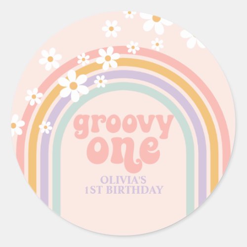 Daisy Groovy One Pastel rainbow first birthday Classic Round Sticker