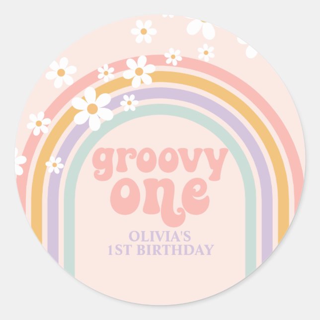 Daisy Groovy One Pastel rainbow first birthday Classic Round Sticker (Front)