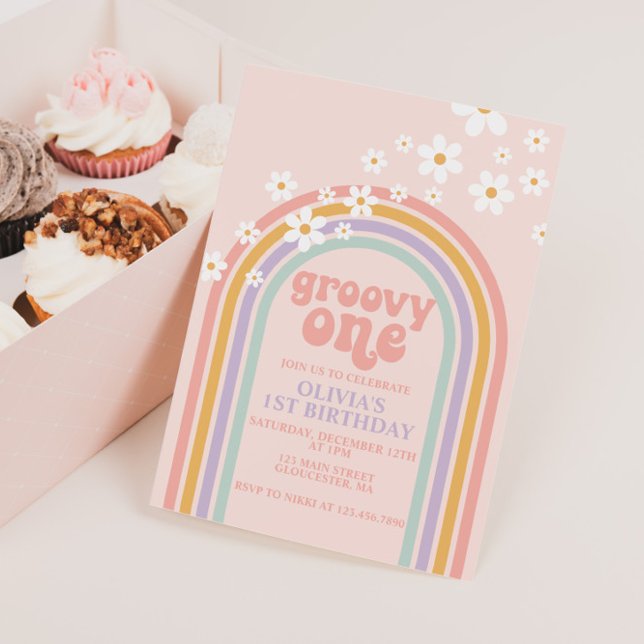 Daisy Groovy One Pastel rainbow first birthday Invitation (Creator Uploaded)
