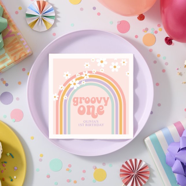 Daisy Groovy One Pastel rainbow first birthday Napkins (Creator Uploaded)