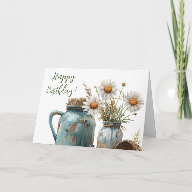 Daisy Happy Birthday Card Rustic Greeting (Front)