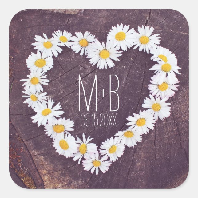 Daisy Heart Rustic Custom Wedding Favor Stickers (Front)