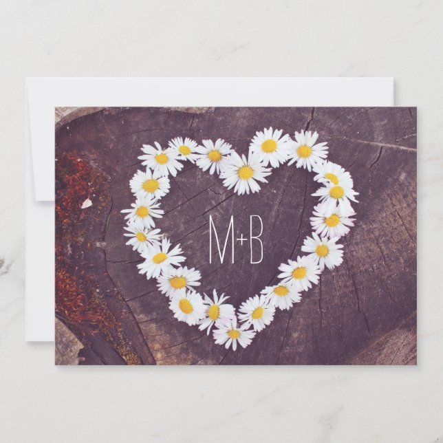 Daisy Heart Rustic Wood Country Wedding Invites (Front)