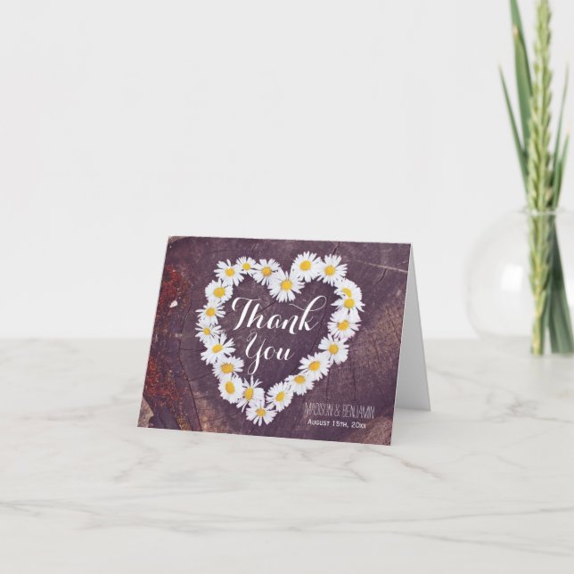 Daisy Heart Rustic Wood Wedding Thank You Card (Front)