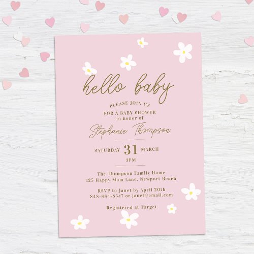 Daisy Hello Baby Spring Pink Elegant Girl Shower Invitation