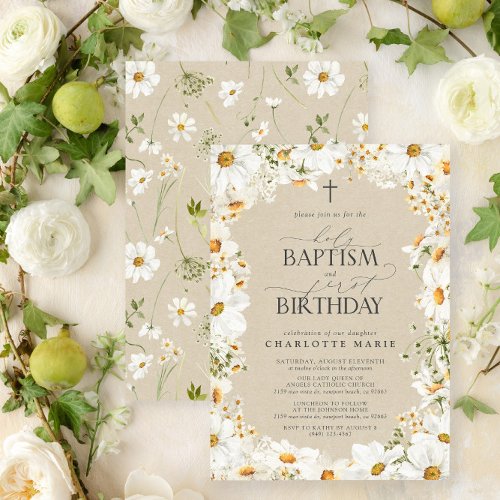 Daisy Holy Baptism  1st Birthday Floral Girl Invitation