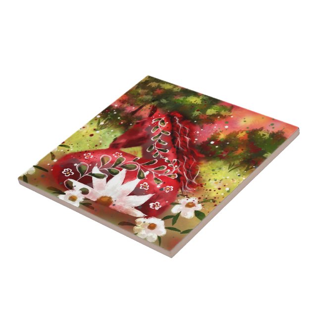 Daisy Horse Abstract Art Red White Green Floral Ceramic Tile (Side)