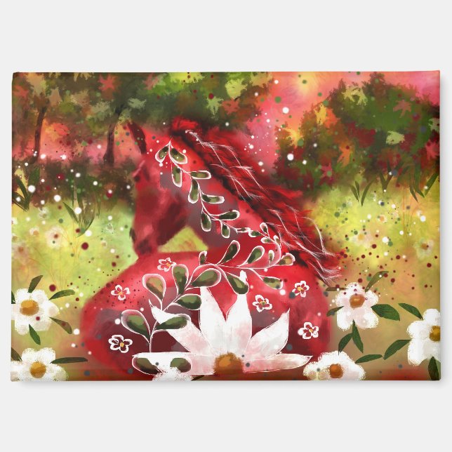 Daisy Horse Abstract Art Red White Green Floral Magnet (Front)