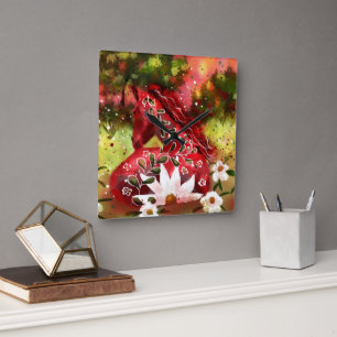 Daisy Horse Abstract Art Red White Green Floral Square Wall Clock