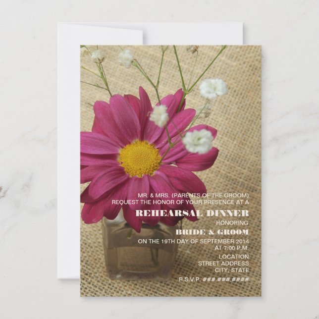 Daisy In Apothecary Bottle Burlap Rehearsal Dinner Invitation (Front)