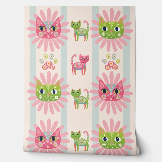 daisy kitty cat faces blue striped wallpaper wallpaper  (Unrolling)