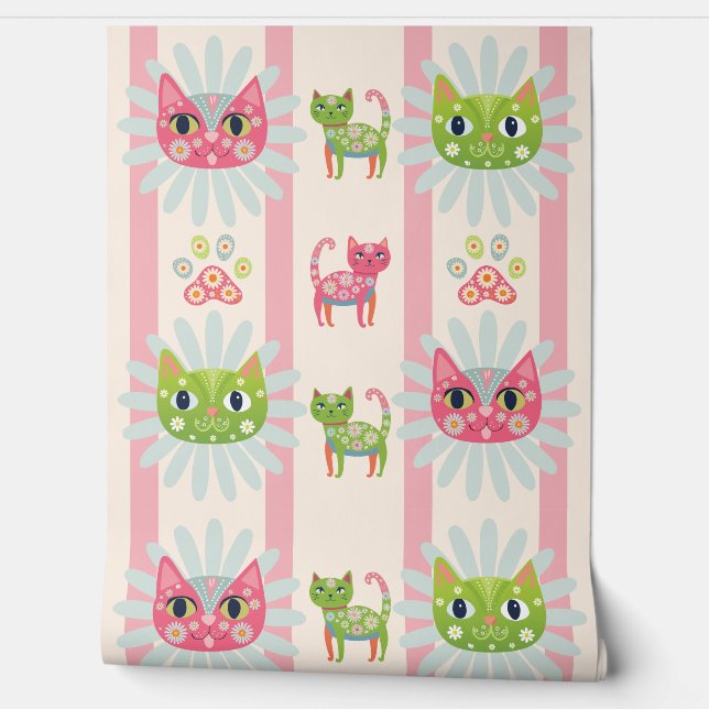 daisy kitty cat faces pink striped wallpaper  (Unrolling)