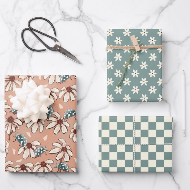 Daisy Ladybug and Checkerboard  Wrapping Paper Sheets (Front)