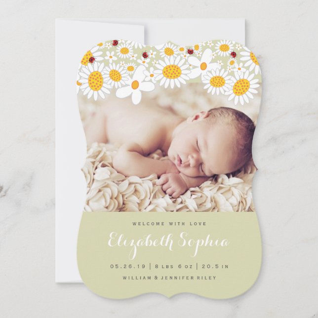 Daisy & Ladybug Baby Girl Photo Birth Announcement (Front)