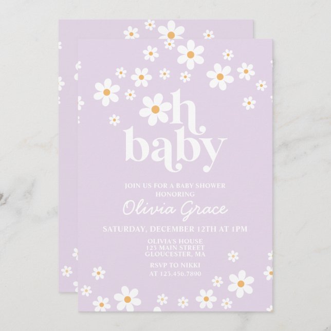 Daisy Lavender Retro Baby Shower Invitation (Front/Back)