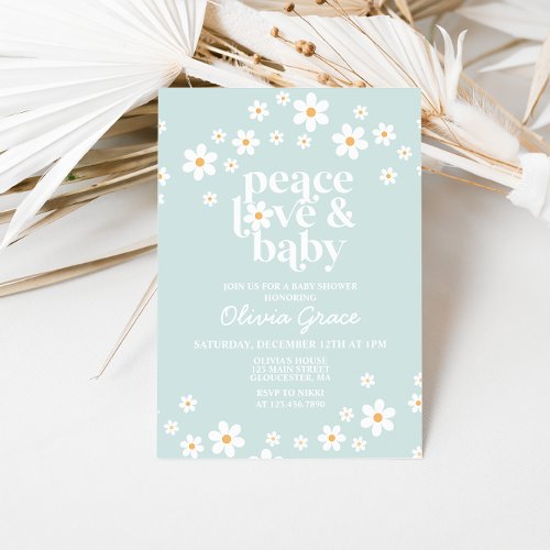 Daisy Light blue Peace Love Baby Shower Invitation