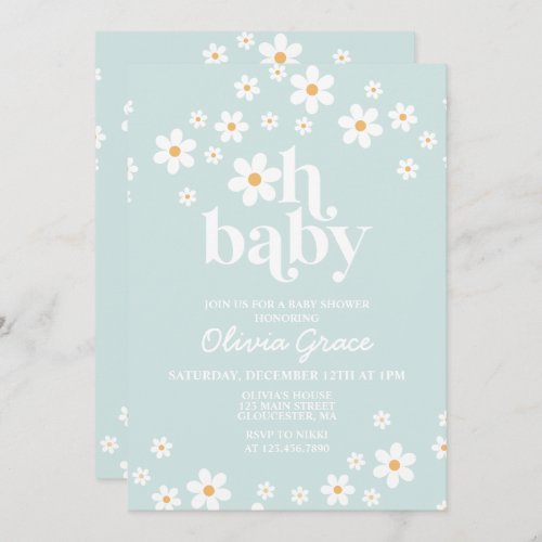 Daisy Light blue Retro Baby Shower Invitation