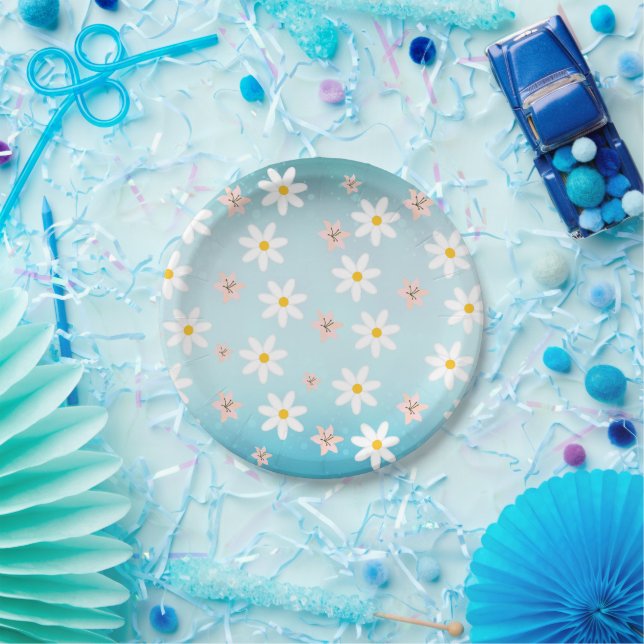 Daisy lily flower Pattern on sea torque Background Paper Plates (Party)