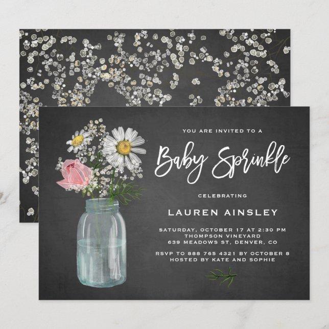 Daisy Mason Jar Chalkboard Rustic Baby Sprinkle Invitation (Front/Back)