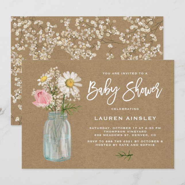Daisy Mason Jar Kraft Paper Fall Baby Shower Invitation (Front/Back)
