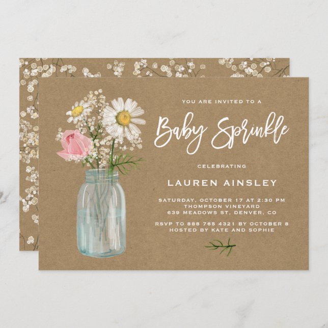 Daisy Mason Jar Kraft Paper Fall Baby Sprinkle Invitation (Front/Back)