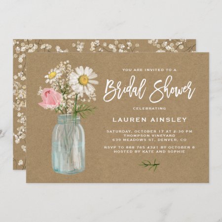 Daisy Mason Jar Kraft Paper Fall Bridal Shower Invitation