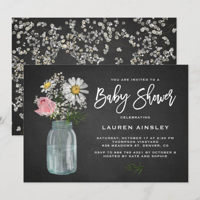 Daisy Mason Jar Rustic Chalkboard Baby Shower Invitation (Front/Back)