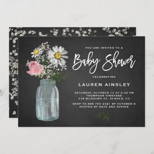 Daisy Mason Jar Rustic Chalkboard Baby Shower Invitation