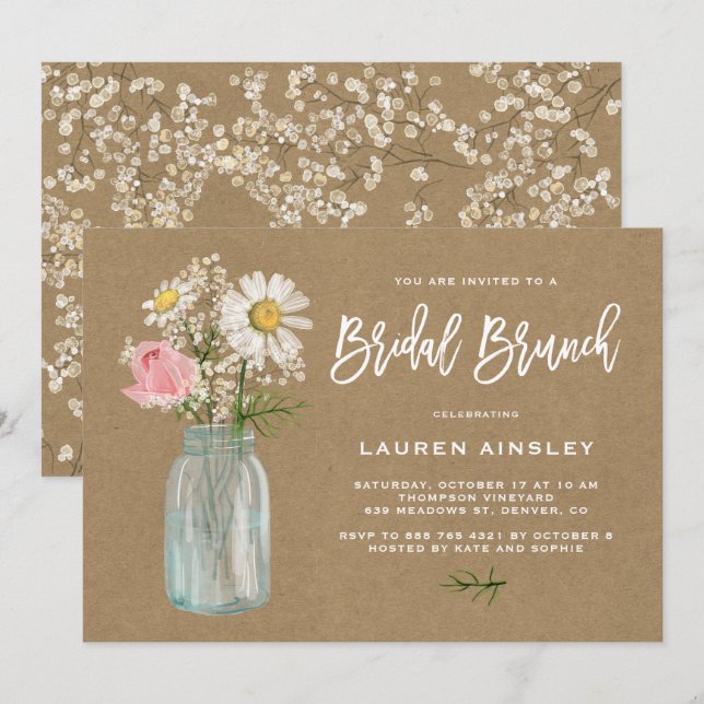 Daisy Mason Jar Rustic Kraft Paper Bridal Brunch Invitation (Front/Back)