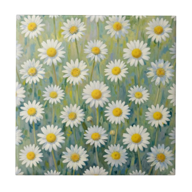 Daisy Meadow Impressionist Floral Pattern Ceramic Tile (Front)