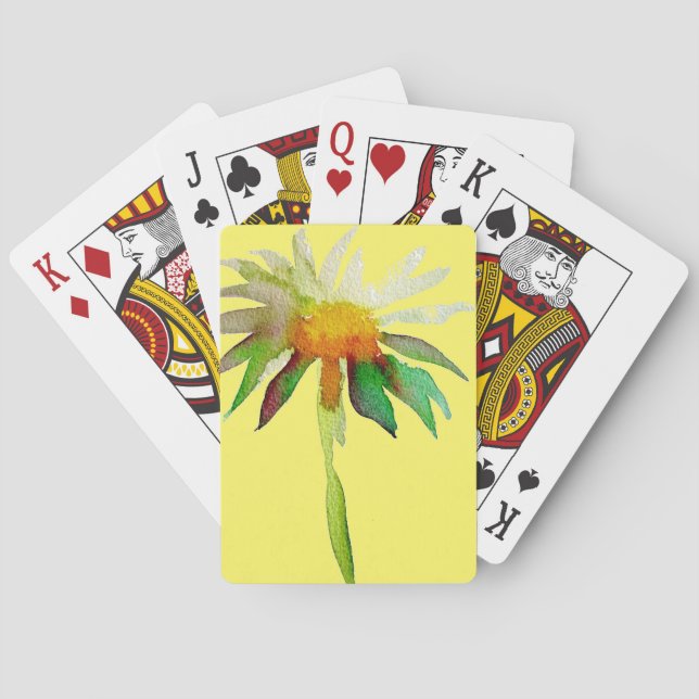 Daisy modern art flower on yellow poker cards (Back)