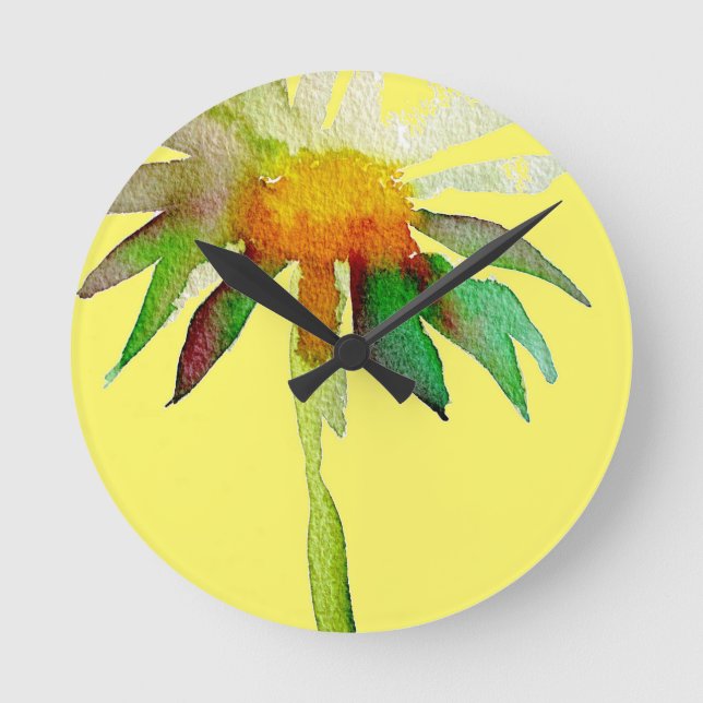 Daisy modern art flower on yellow round clock (Front)