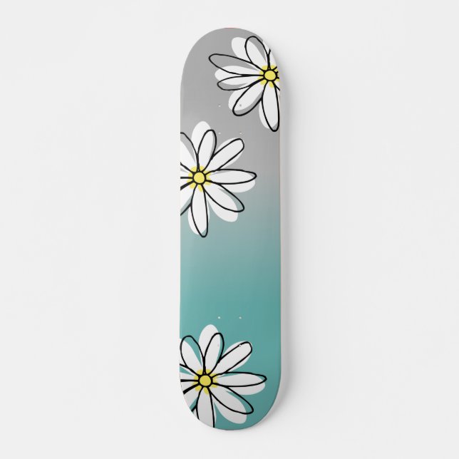 Daisy Modren Teal Grey Ombre Doodle Skateboard (Front)