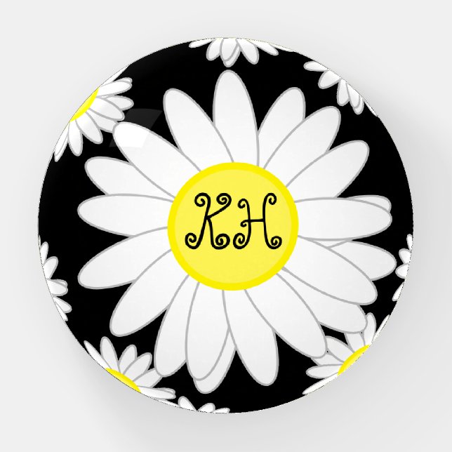 Daisy Monogram Black White and Yellow Paperweight (Front)
