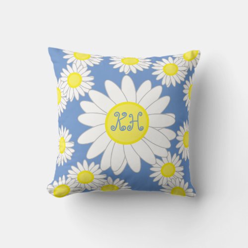 Daisy Monogram Blue White and Yellow  Throw Pillow