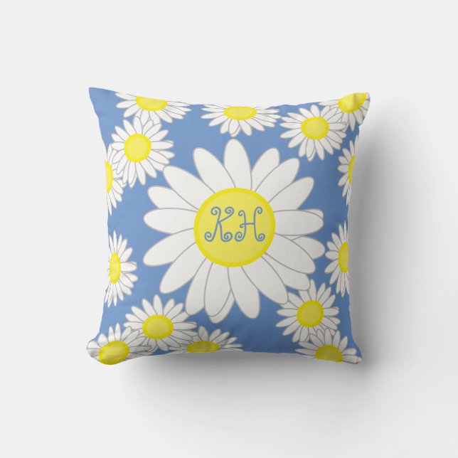 Daisy Monogram Blue White and Yellow  Throw Pillow (Front)