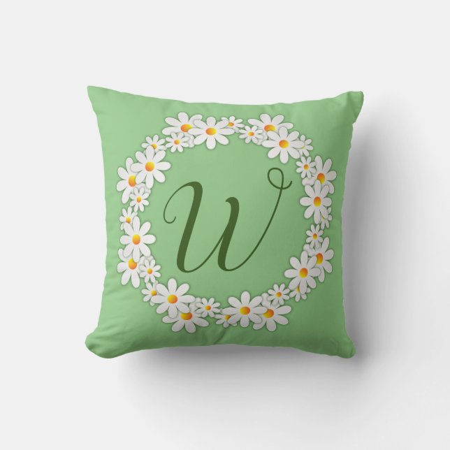 Daisy Monogram Green Throw Pillow (Front)