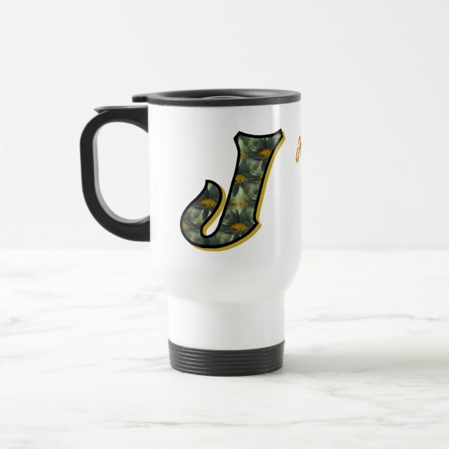 Daisy Monogram Initial J Personalized Travel Mug (Left)