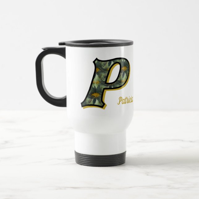 Daisy Monogram Initial P Personalized Travel Mug (Left)