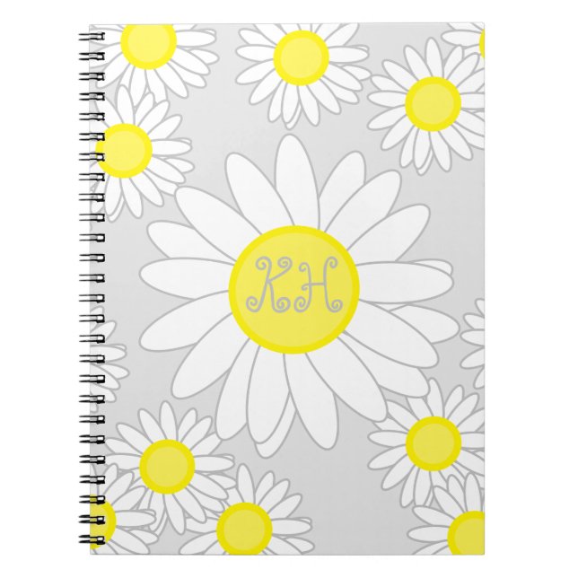 Daisy Monogram Silver Gray White and Yellow Notebook (Front)