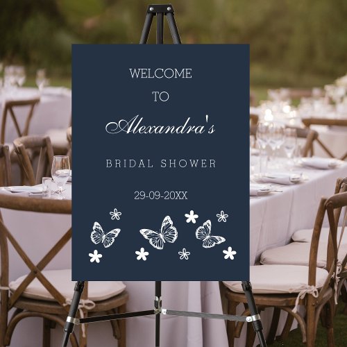 Daisy Navy Blue Butterfly Bridal Shower Welcome  Foam Board