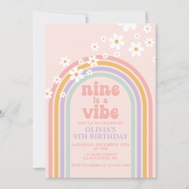 Daisy Nine is a Vibe Pastel rainbow 9th birthday Invitation (Front)