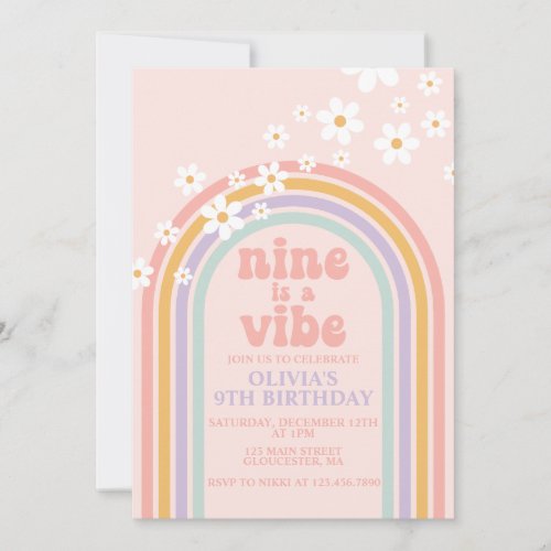 Daisy Nine is a Vibe Pastel rainbow 9th birthday Invitation